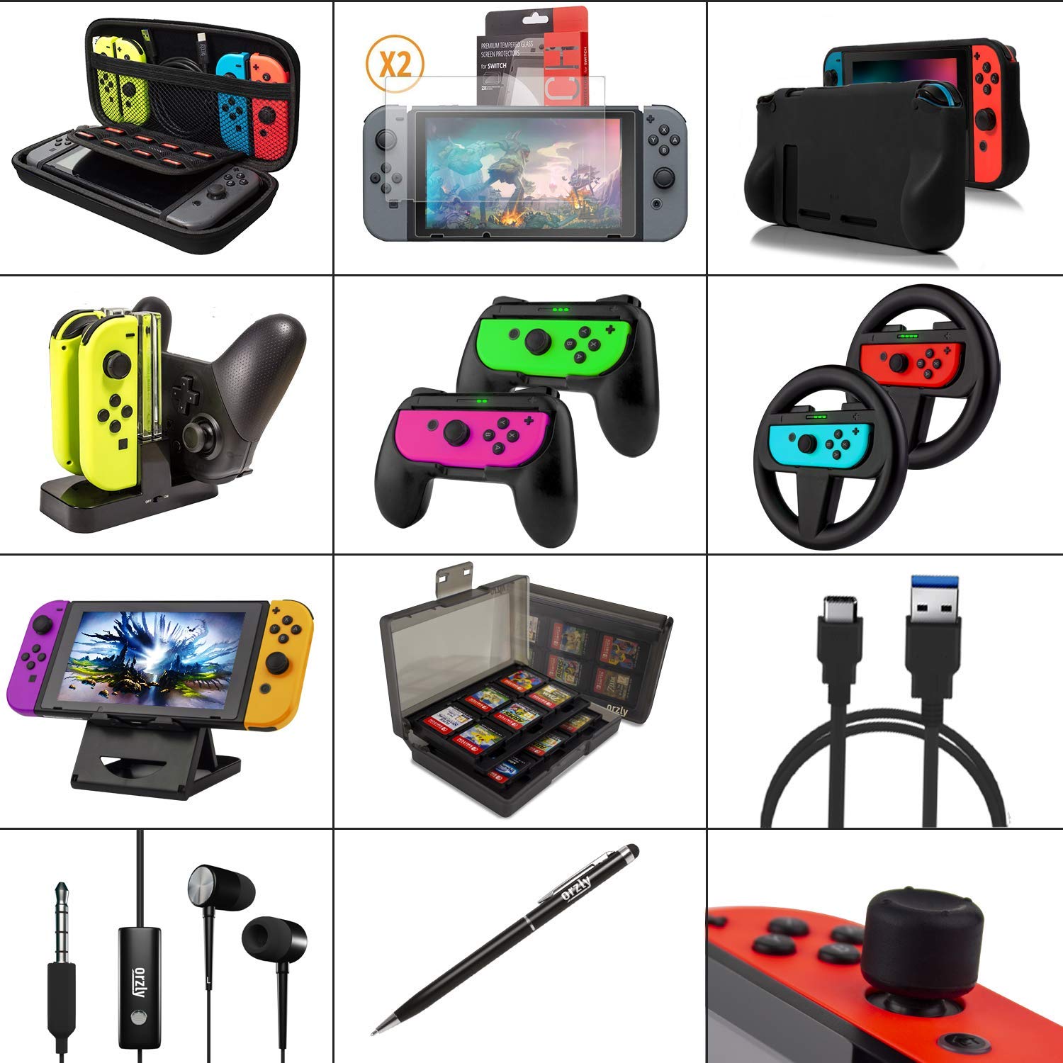 Detalle 2 de Orzly Geek Pack Accessory Bundle Kit for Nintendo Switch (Jet Black) with Case, Screen Protectors, Joy-Con Grips, Wheels & Charge Station