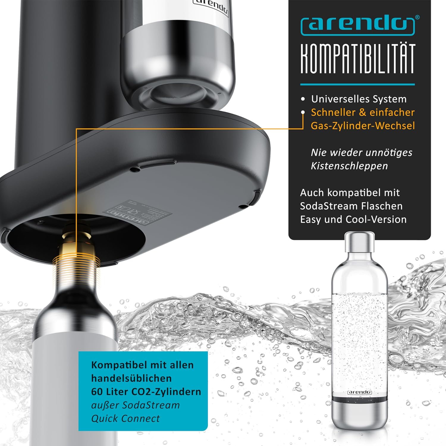 Detalle de Arendo Soda Maker Wassersprudler – BPA-freie 1000 ml Flasche, kompatibel mit 60 L CO2 Zylindern
