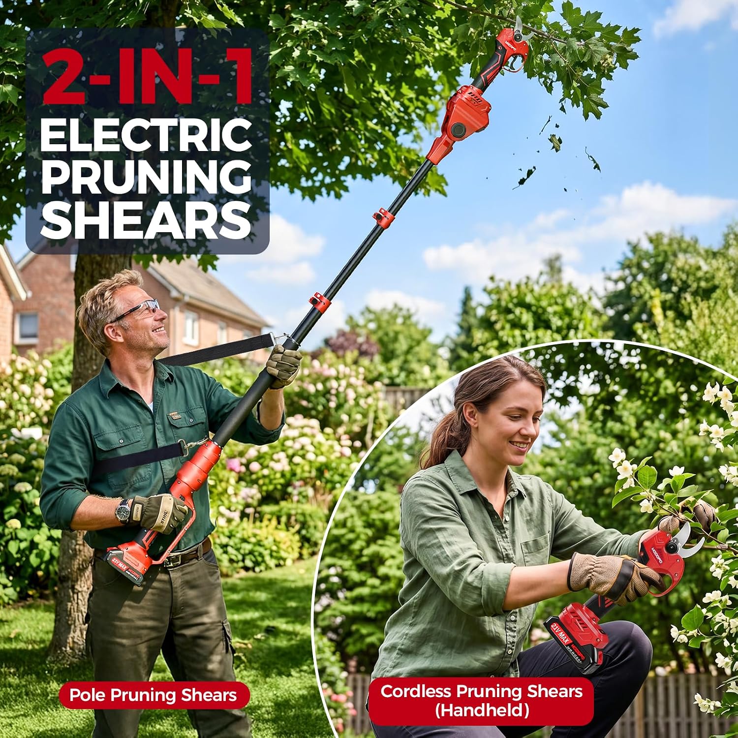 Detalle de MODOFO Cordless Electric Pruning Shears with Pole, 2.1-Inch Capacity, Brushless Motor