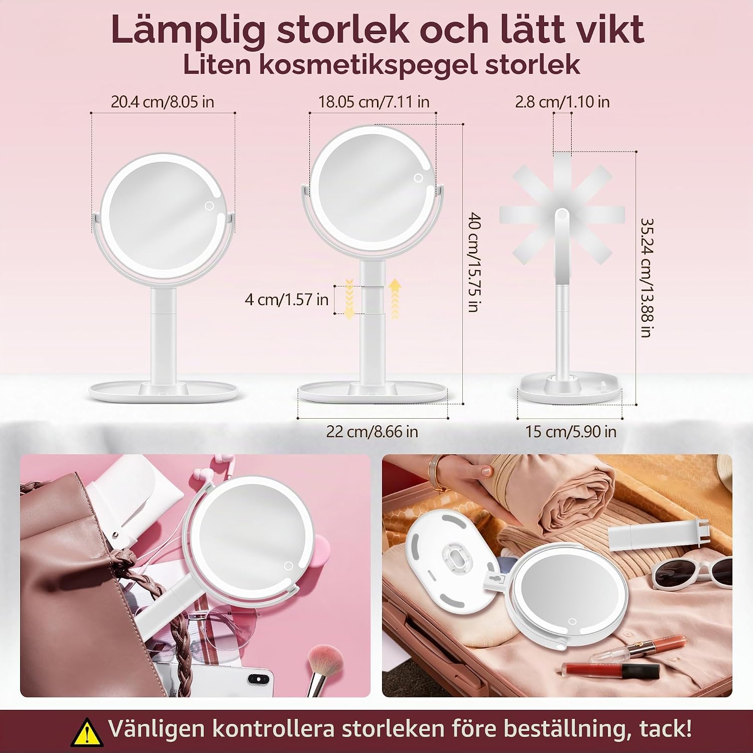 Thumbnail 6 de MOMOKUBA sminkspegel med belysning, 1x/30x förstoring och justerbar höjd