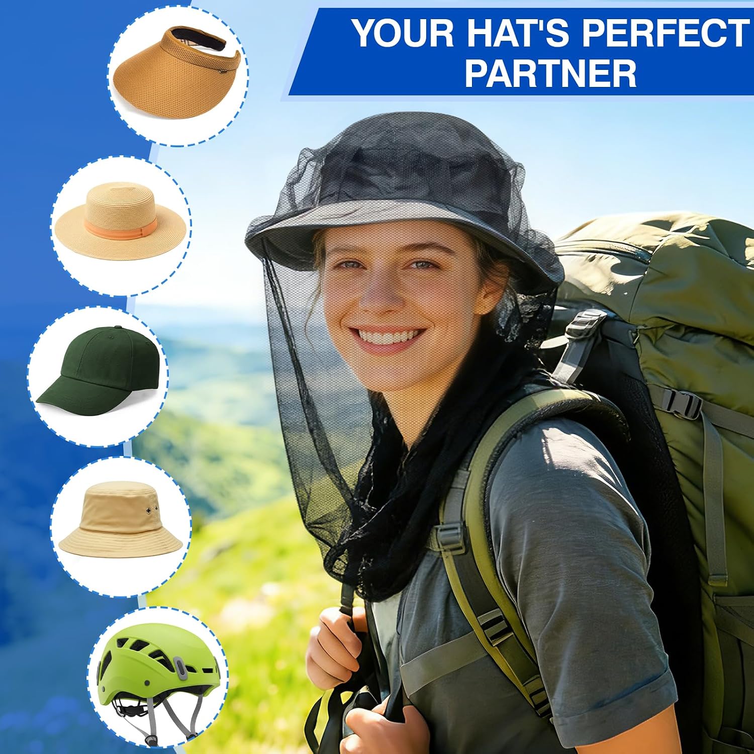 Thumbnail 6 de DIZKOUZ 2 Pack(Adult) Mosquito Head Net, 620-Hole Mesh, Black Polyester