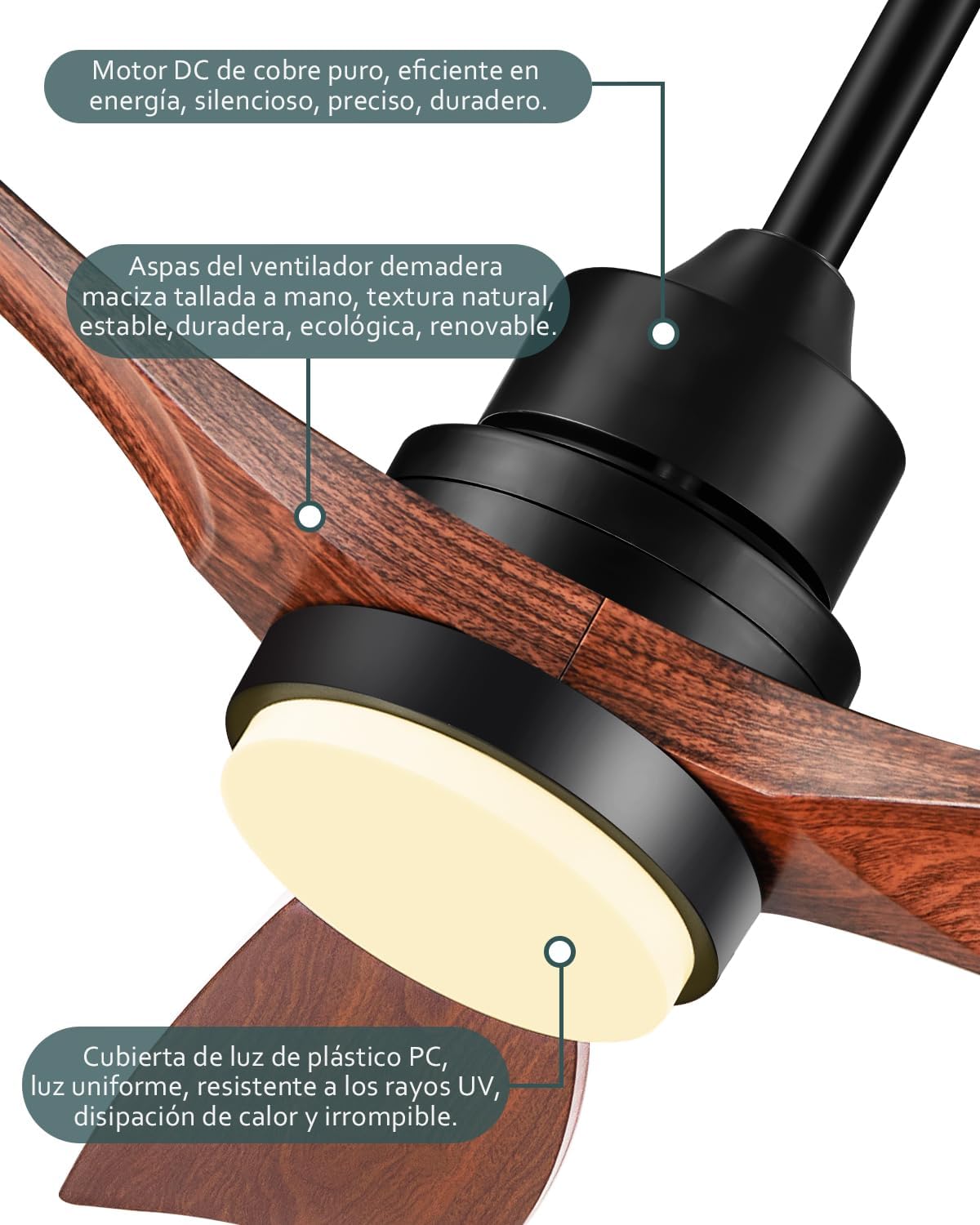 Detalle 2 de Ventilador de Techo Madera con Luz y Mando a Distancia 🌟
