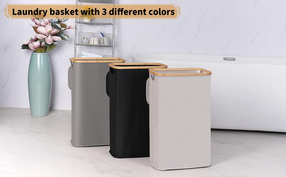 Thumbnail 6 de iEGrow 60L black laundry hamper, slim fabric basket with bamboo handles