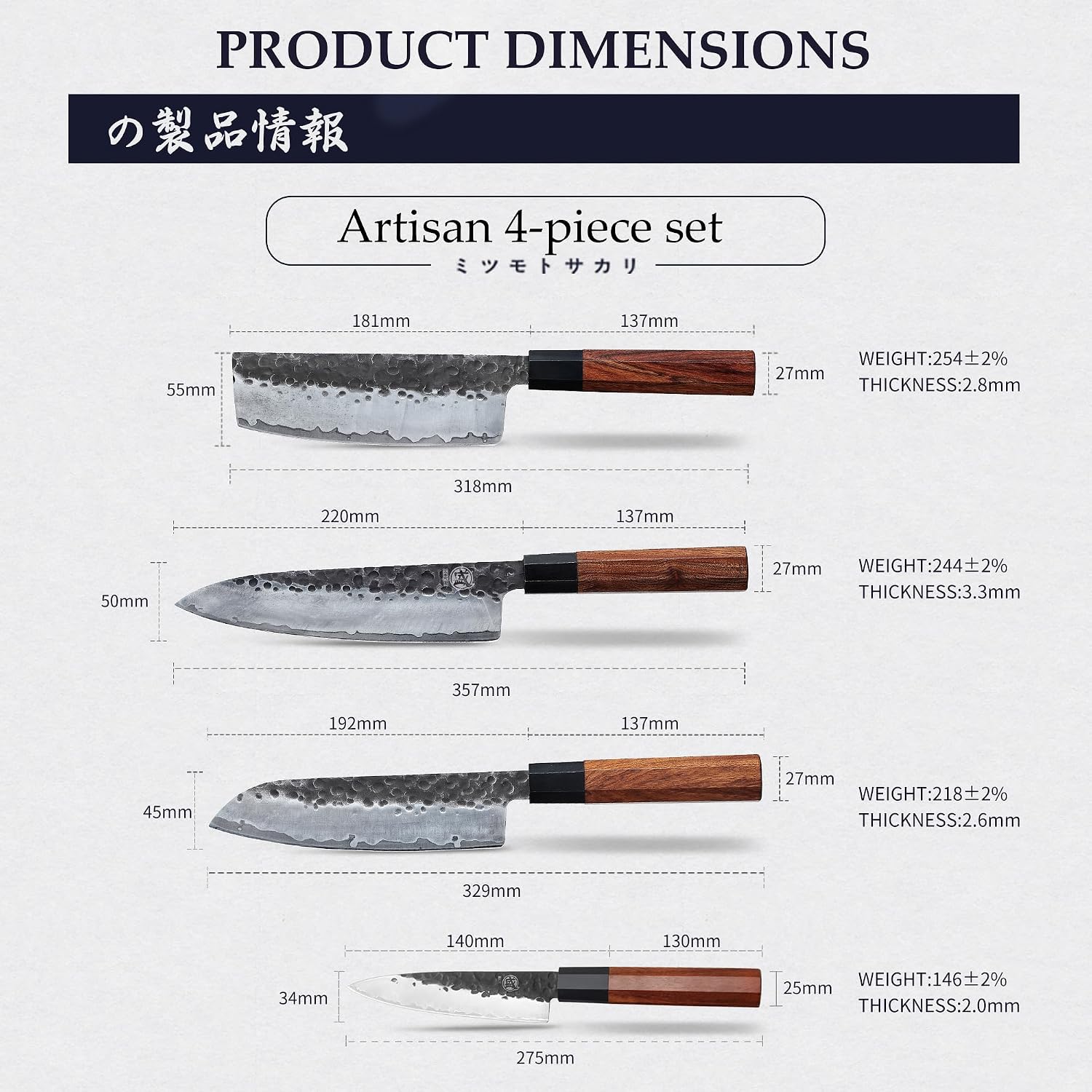 Detalle de MITSUMOTO SAKARI MS-2680-IT keukenmessenset, 4 messen met houten handgrepen