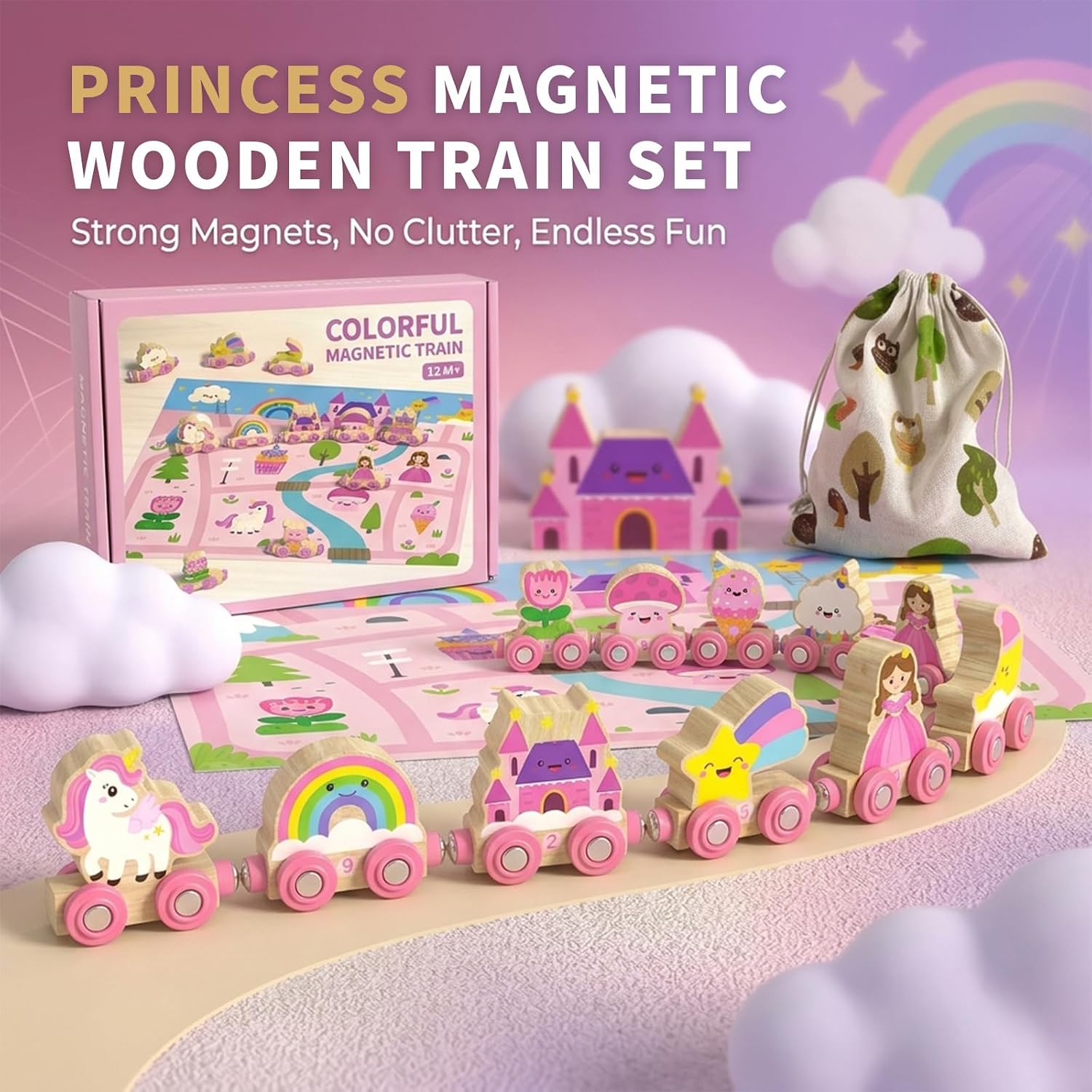 Thumbnail 5 de Unicorn Magnetic Wooden Train Set for 1–4 Year Old Girls with Castle Play Mat (Pink)