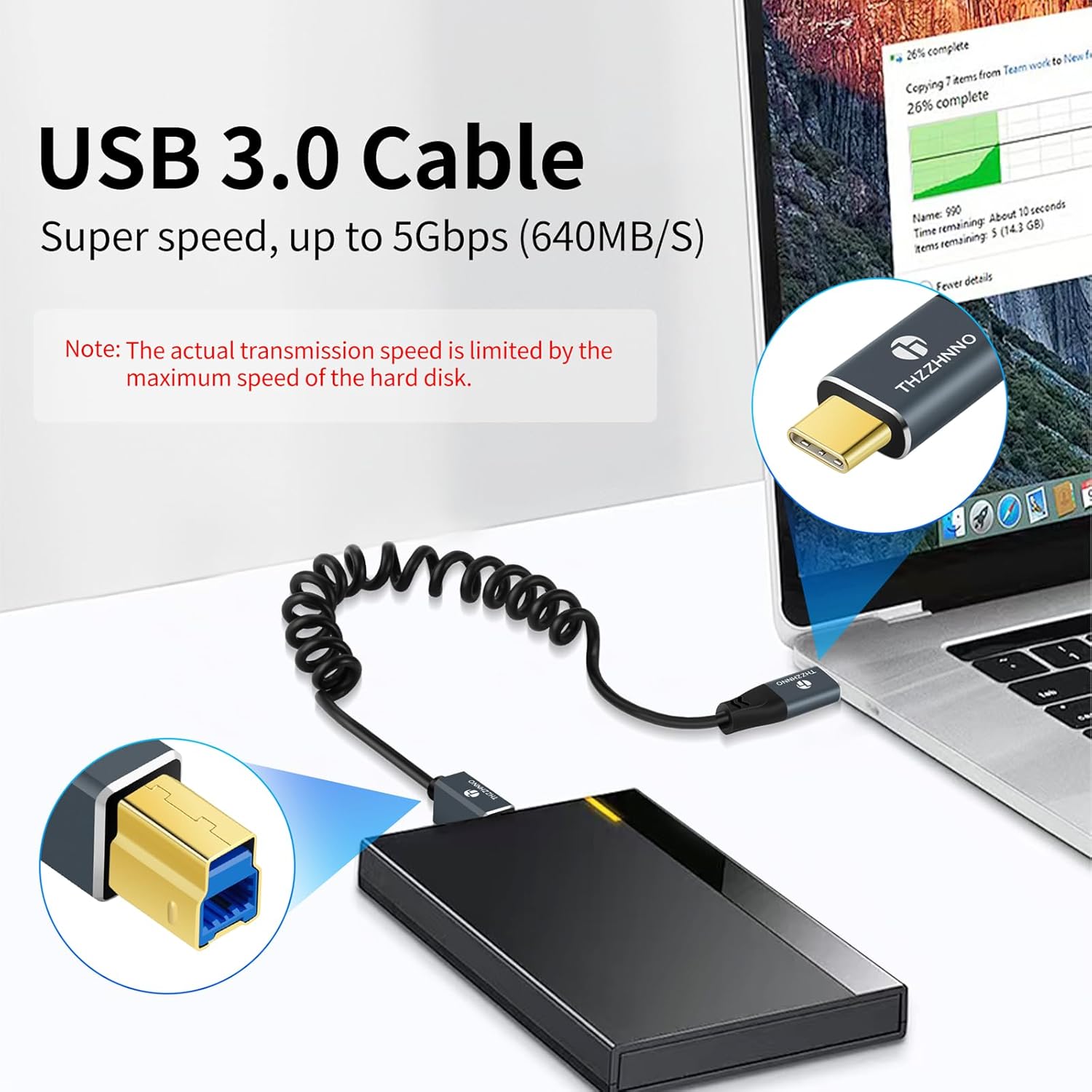 Thumbnail 1 de Thzzhnno USB-B auf USB-C 3.0 Schraubende Druckerkabel (Spiralkabel, 5 Gbps, bis 1 m, dehnbar)
