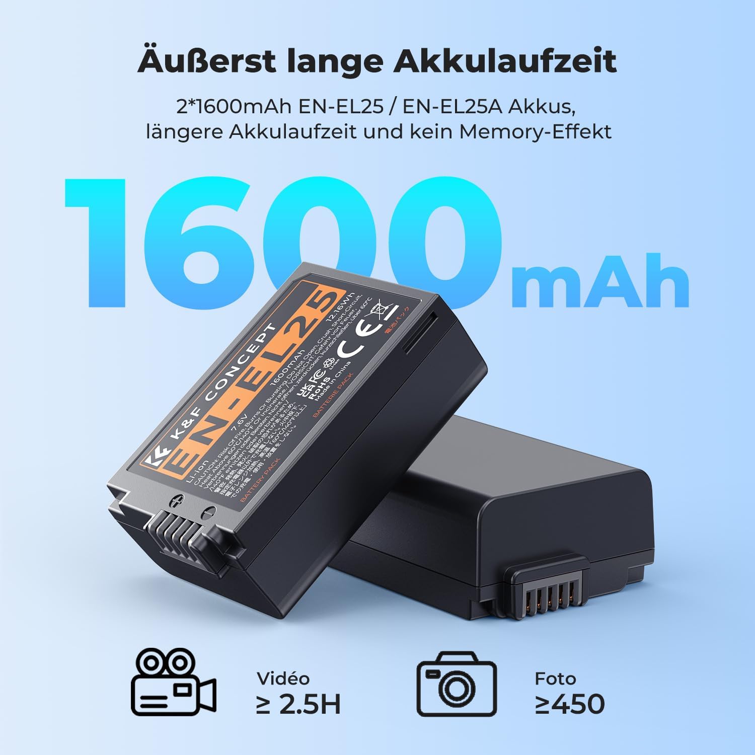 Detalle de K&F CONCEPT EN-EL25 2er-Ersatzakku-Set inkl. Dual-Slot-Ladegerät mit LCD für Nikon Z30, Z50, ZFC & Z50ii