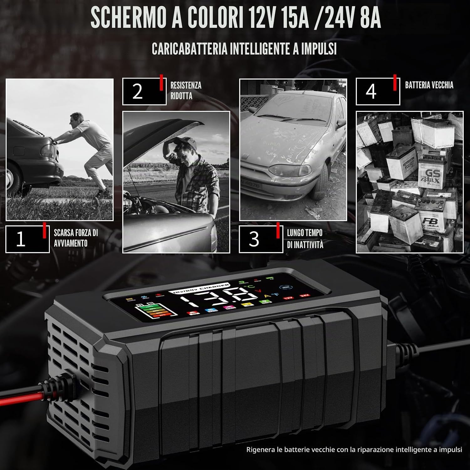 Thumbnail 6 de Caricabatterie Husgw 12V/24V 15A-8A con display a colori: ricarica sicura per auto, moto, camion e barche