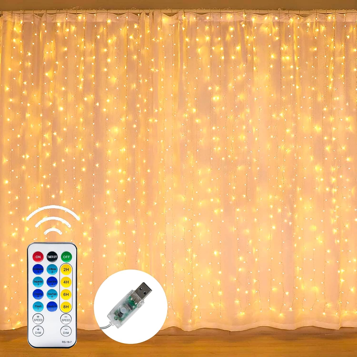Thumbnail 5 de Dazzle Bright 300 LED Curtain String Lights, Warm White, 8 Modes, USB