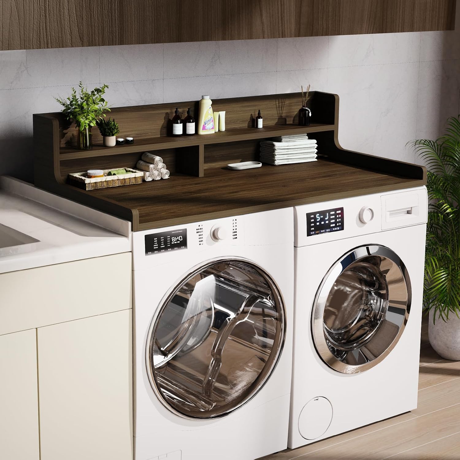 Detalle 2 de FZGhome 2-Tier Washer Dryer Countertop, 137.1 cm x 70 cm, Walnut Brown
