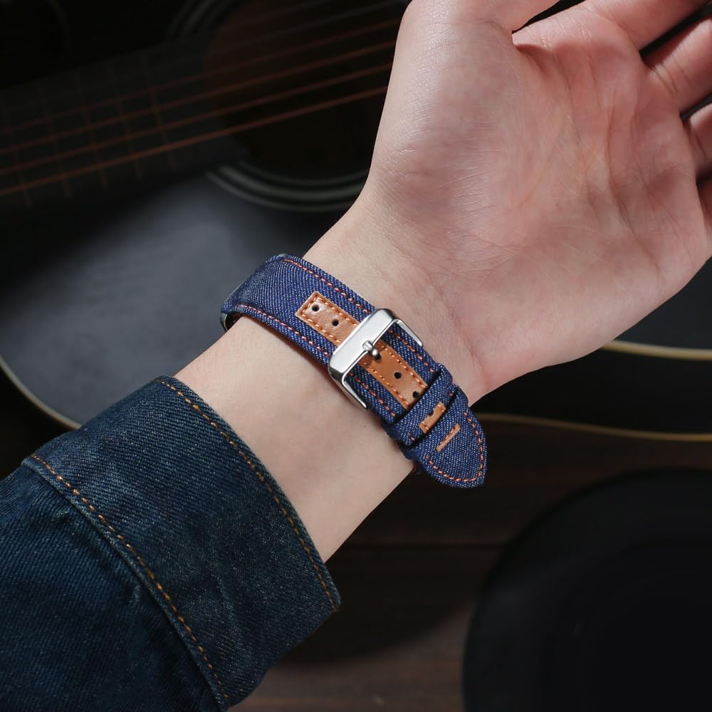 Detalle de Triblanc Denim Canvas & Leather Watch Strap (Quick Release) – 18mm, 20mm or 22mm