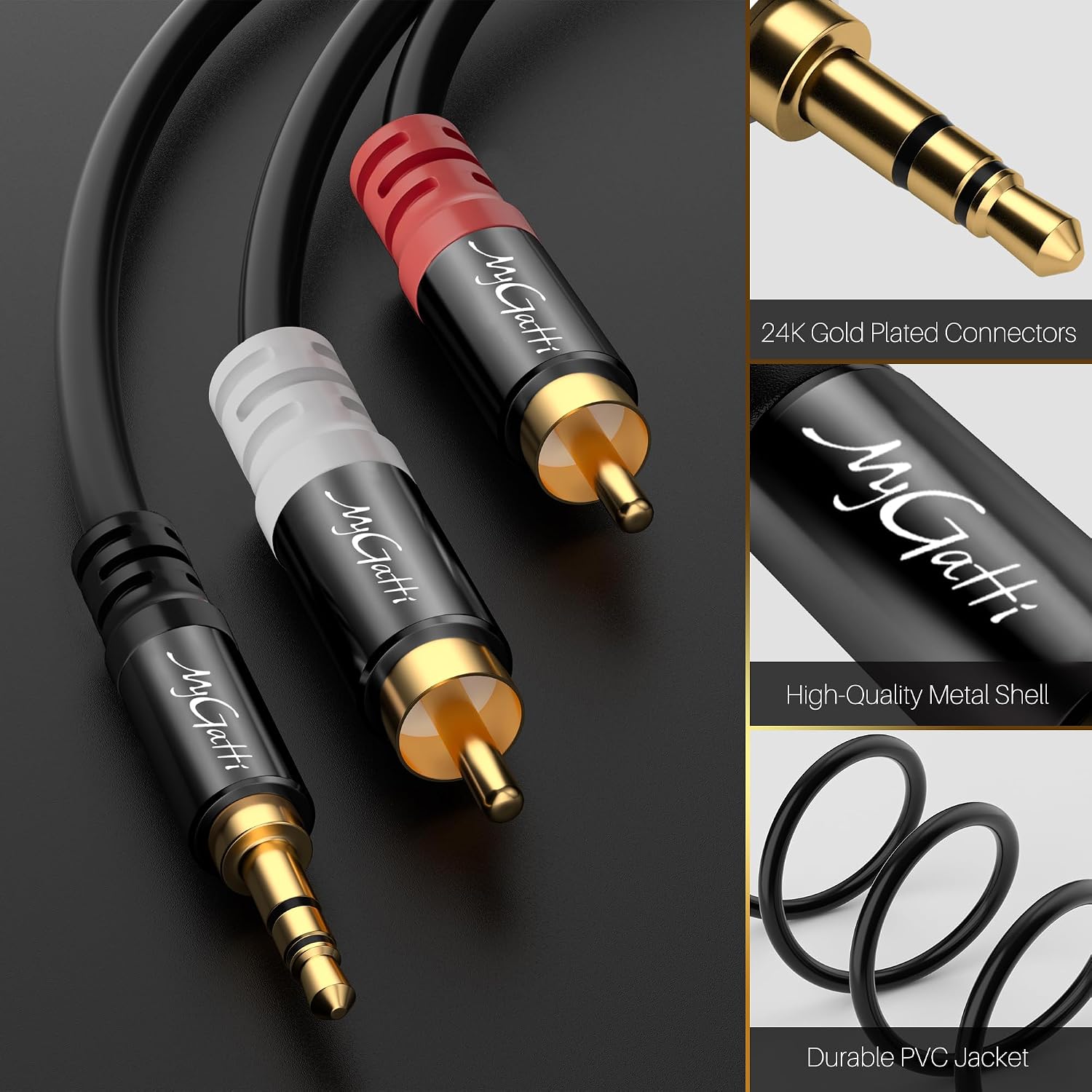 Detalle de Mygatti Klinke 3,5 mm auf 2× Cinch (RCA) Kabel – 3 m, 2er-Set (Audio-Stereo Adapter/Y-Splitter)
