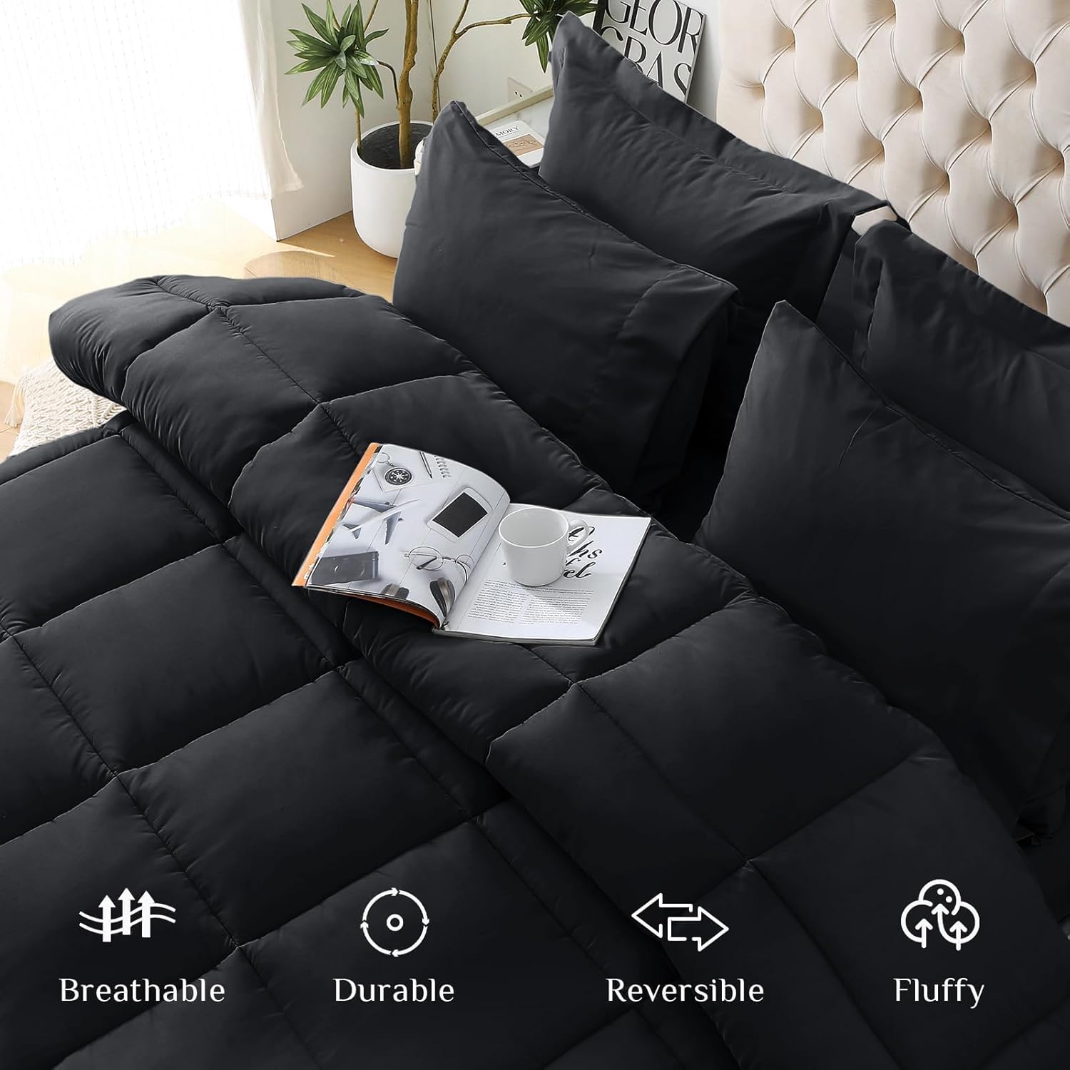 Detalle de JOLLYVOGUE Full Comforter Set, Ultra-Soft Full Bed in a Bag (7 Pieces) – Black