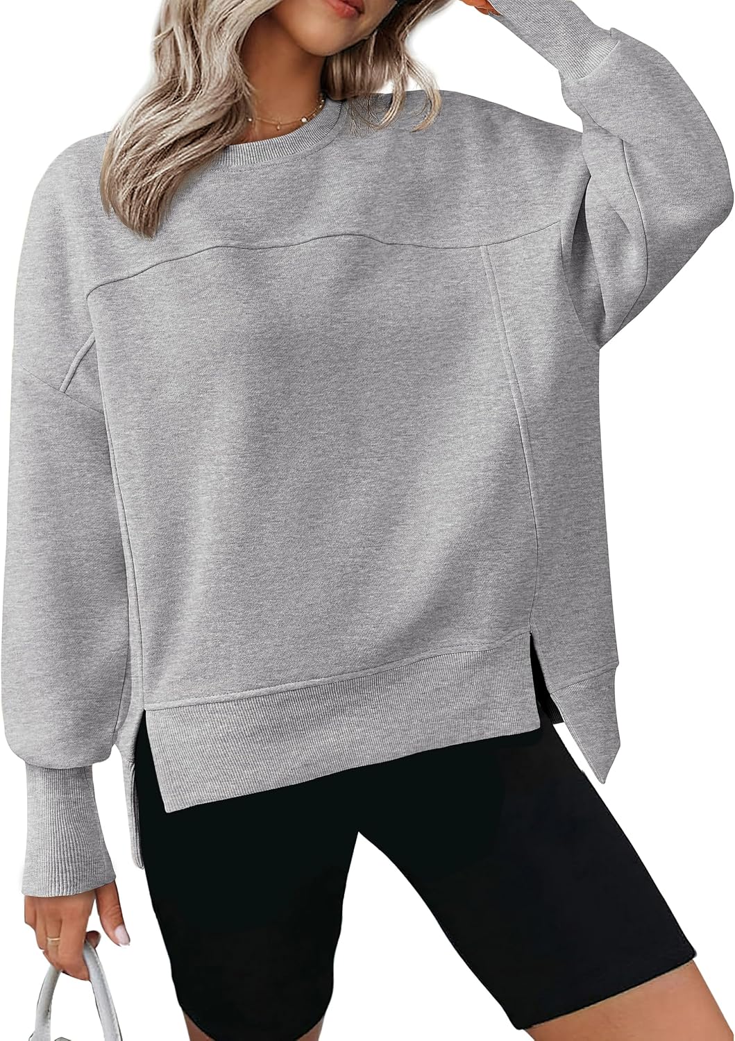 Detalle de BTFBM Women's Crewneck Fleece Sweatshirt with Side Slits and Asymmetrical Hem