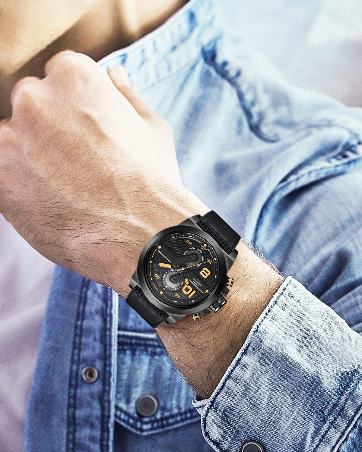 Detalle 2 de BINLUN Canvas & Leather Hybrid Watch Strap for Men — Quick Release 18mm/20mm/22mm/24mm