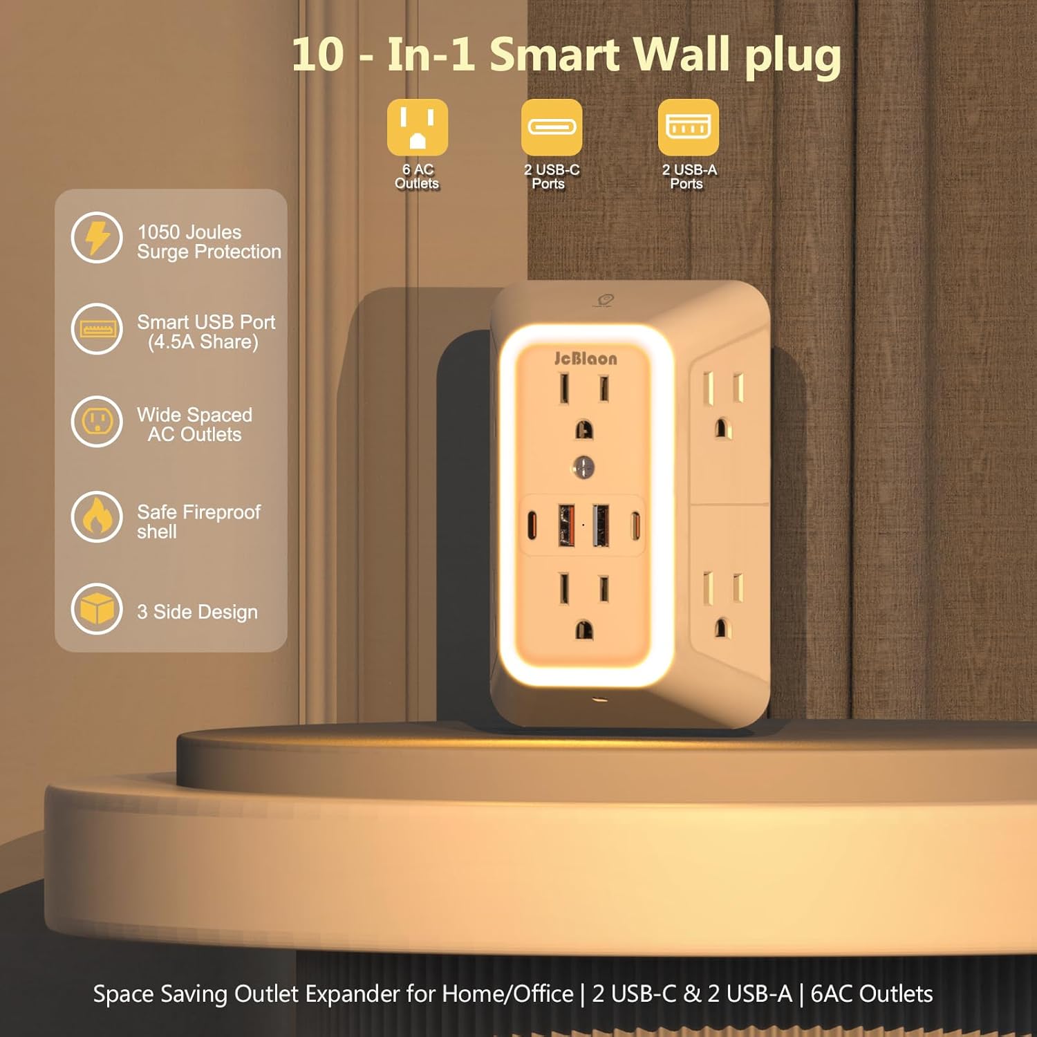 Thumbnail 4 de Wall Outlet Extender with Night Light: 6 Outlets, 2 USB-A, 2 USB-C, 1050J Surge Protection