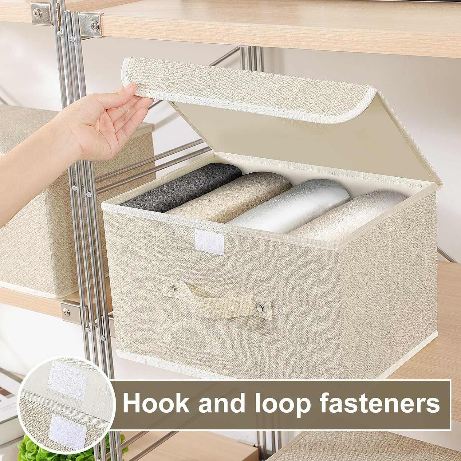 Detalle 2 de ENUMAIL 3er Set Stoff-Aufbewahrungsboxen mit Griff und Deckel (faltbar) 33×23×20 cm, Grau & Beige