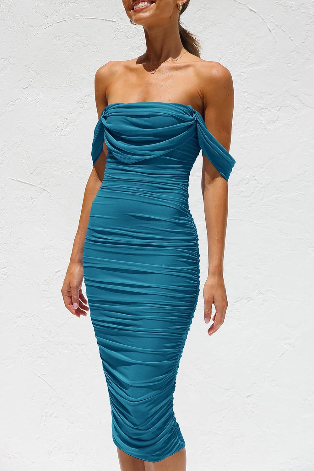 Thumbnail 3 de PRETTYGARDEN Summer Wedding Guest Dresses: Off-Shoulder Ruched Bodycon Midi