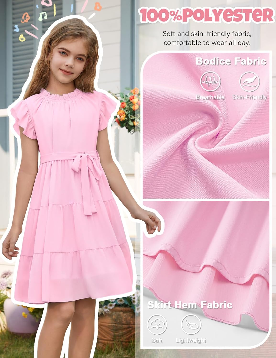 Detalle de Robe d’été Fashora pour fille — Manches à volants, col rond et ceinture amovible