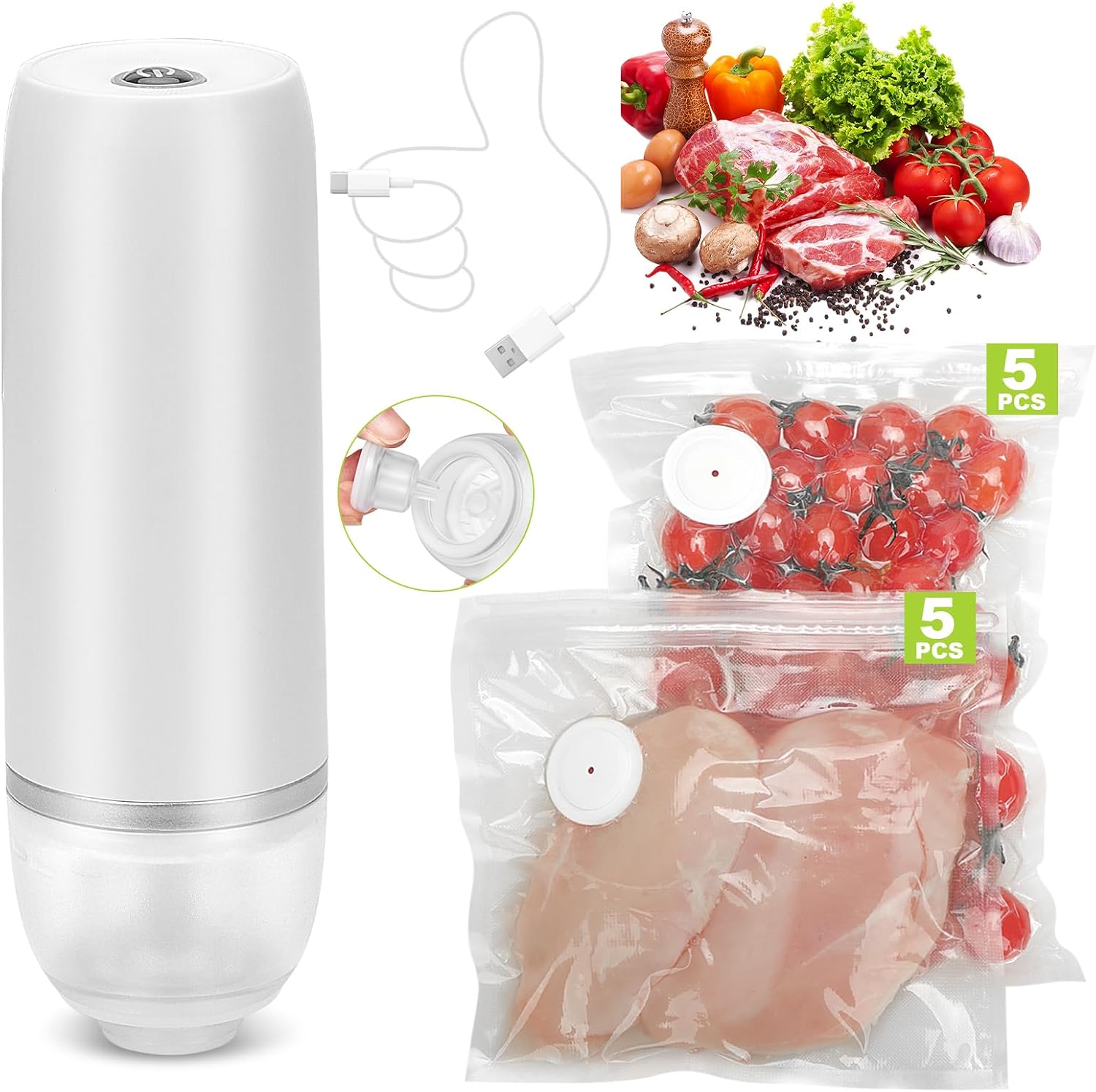 Detalle de Withosent Vakuumiergerät Klein – Tragbarer Handvakuumierer mit 65 kPa Saugkraft und wiederverwendbaren Beuteln