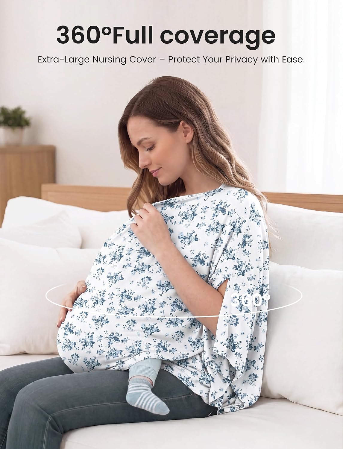 Detalle 2 de PATPAT Bamboo Viscose Nursing Cover, Blue Floral Poncho with 360° Coverage