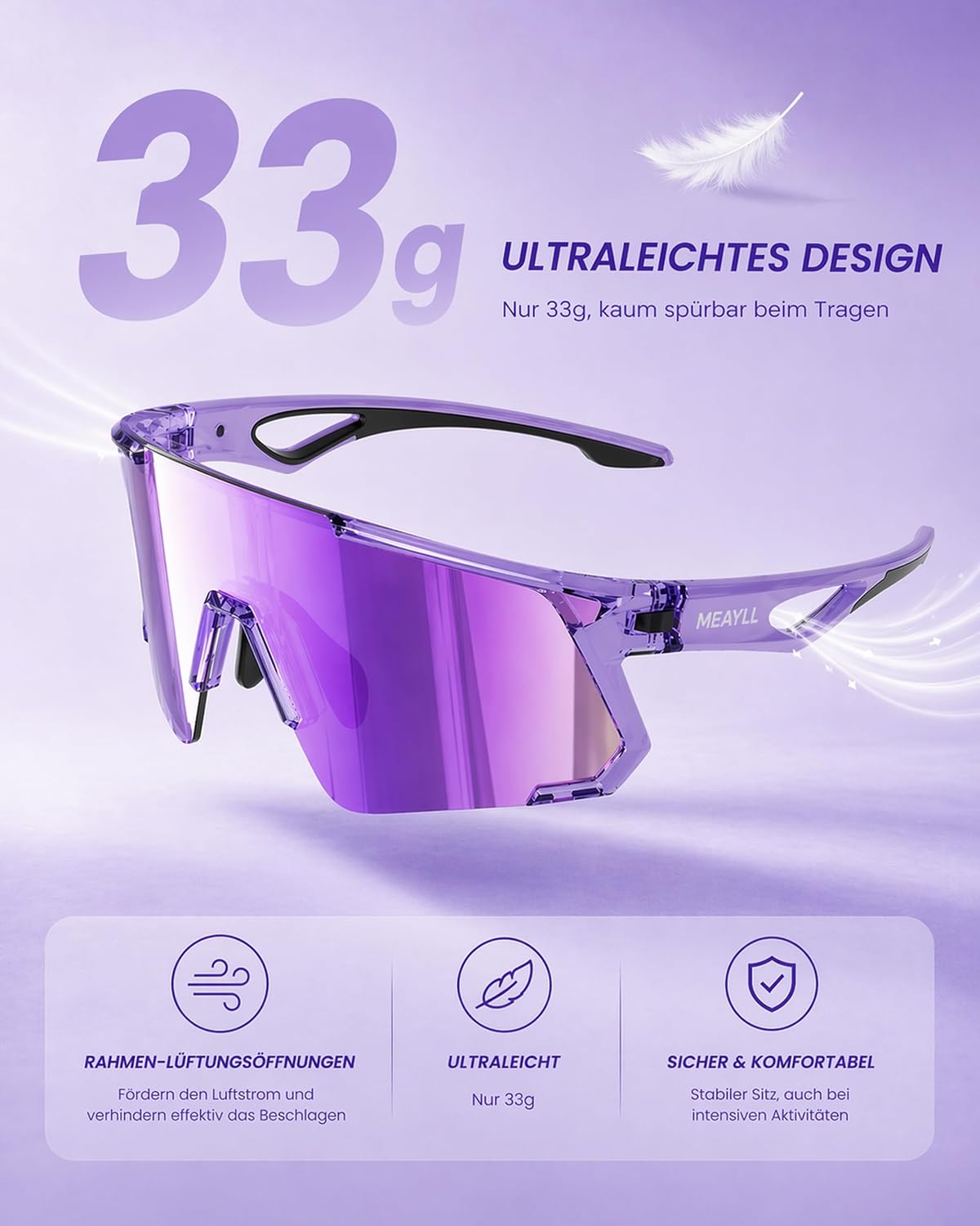 Detalle de Meayll Fahrradbrille Herren Damen – UV400 Schutzbrille mit TR-90 Rahmen und verstellbaren Nasenflügeln