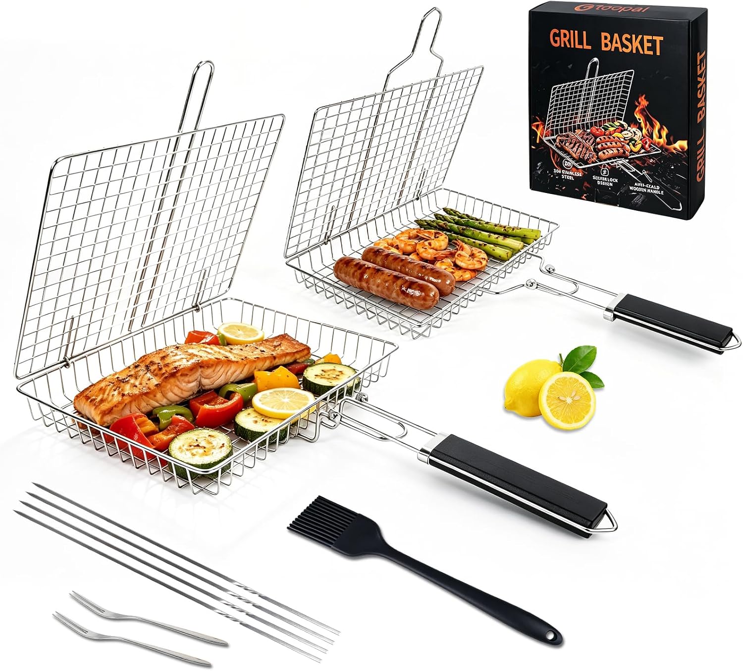 Detalle de Gtoopal Deep Fish Grill Basket Set, 304 Stainless Steel, Detachable Handle