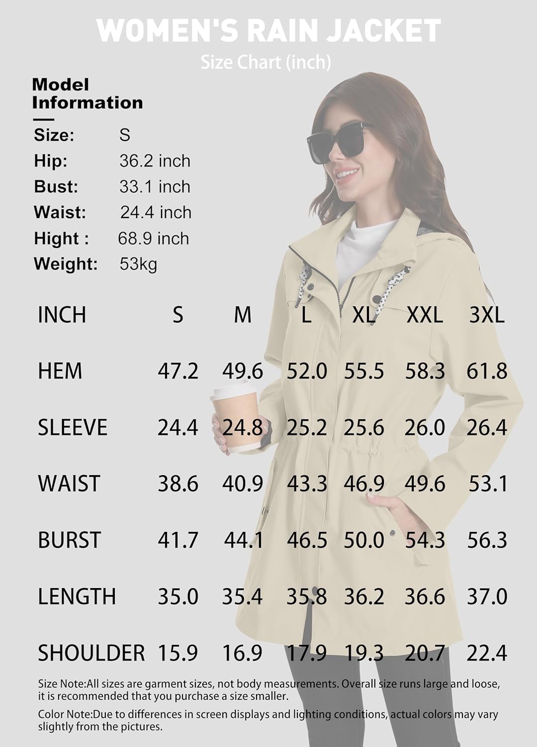 Thumbnail 5 de ATLASLAVA Rain Jacket Women: Waterproof, Lightweight Long Hooded Raincoat
