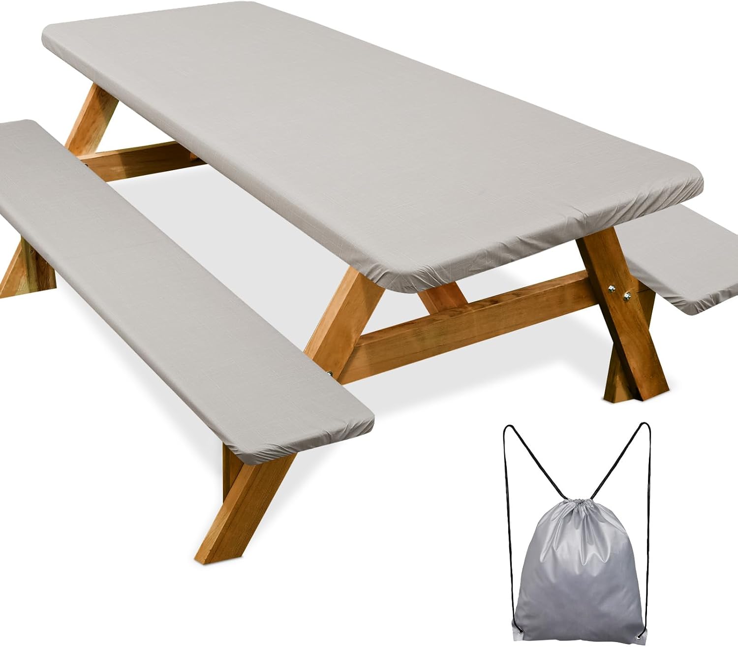 Detalle de Picnic Table Cover with Bench Covers for 6FT Tables (72in) — Waterproof, Windproof Set with Drawstring Bag, Beige Linen Texture