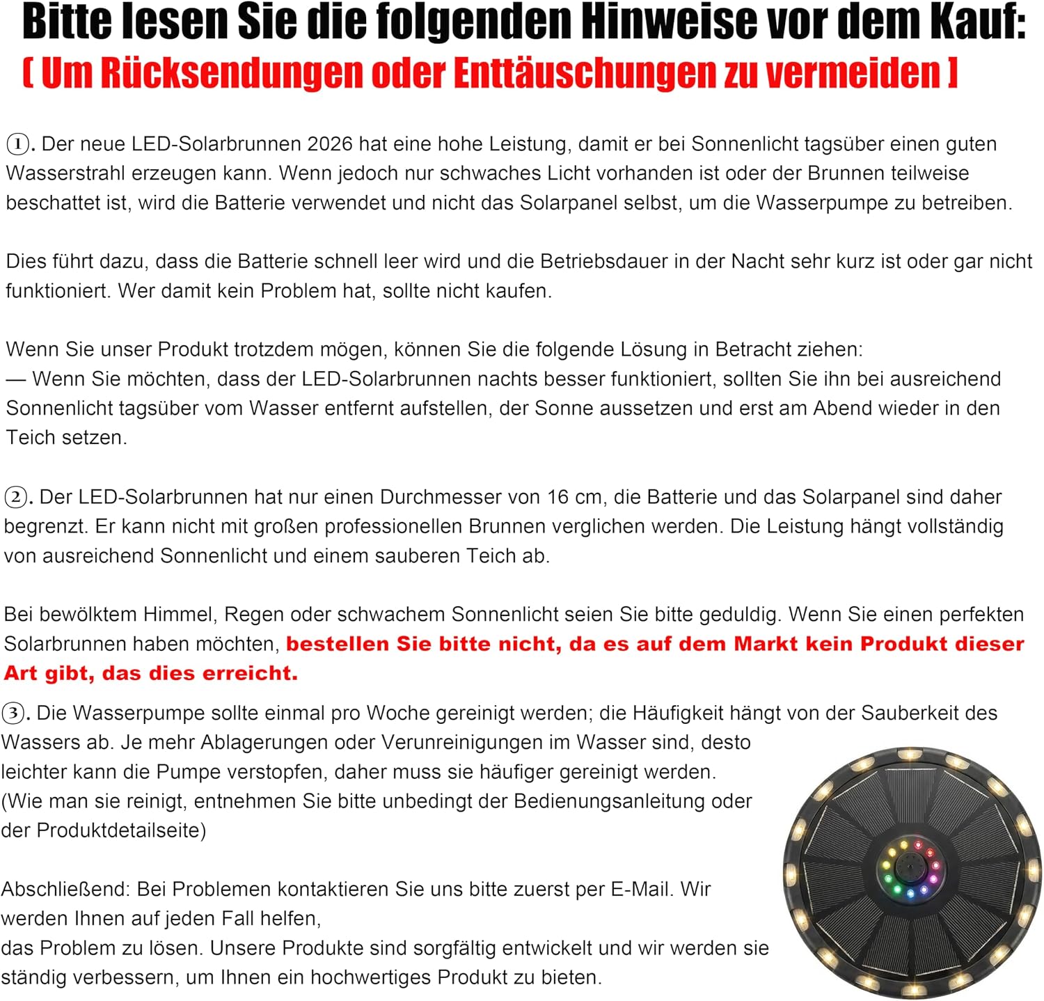 Detalle de Solar Springbrunnen 3,5W – Solarteichpumpe mit LEDs, 6 Sprüh-Effekten & 8 bunten plus 16 warmweißen Lichtern