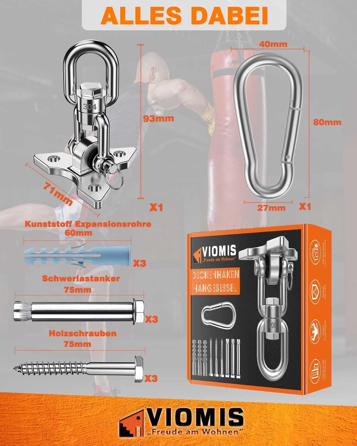 Detalle de Viomis Edelstahl-Deckenhaken 360° drehbar – universal für Schaukeln, Hängematten & Boxsäcke (bis 450 kg)