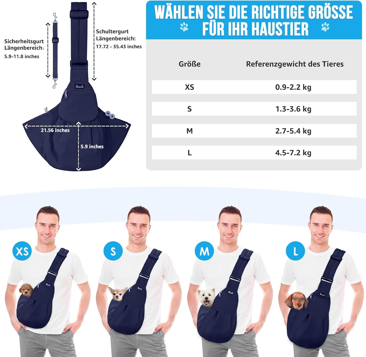 Thumbnail 6 de SlowTon Hundetragetasche Sling Carrier – dunkelblau, gepolsteter und verstellbarer Schultergurt (L, für 4,5–7,2 kg)