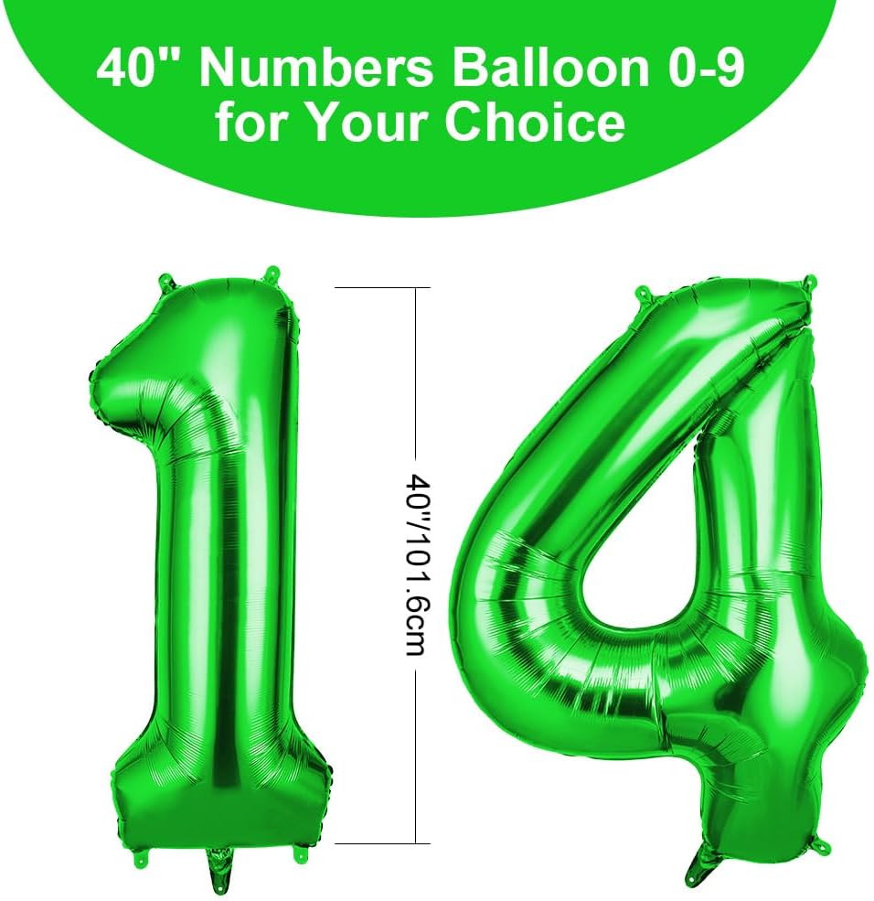 Thumbnail 1 de OFFCUP Ballon d’anniversaire 14 ans vert numéro 10–1 (101 cm) en aluminium auto-obturant