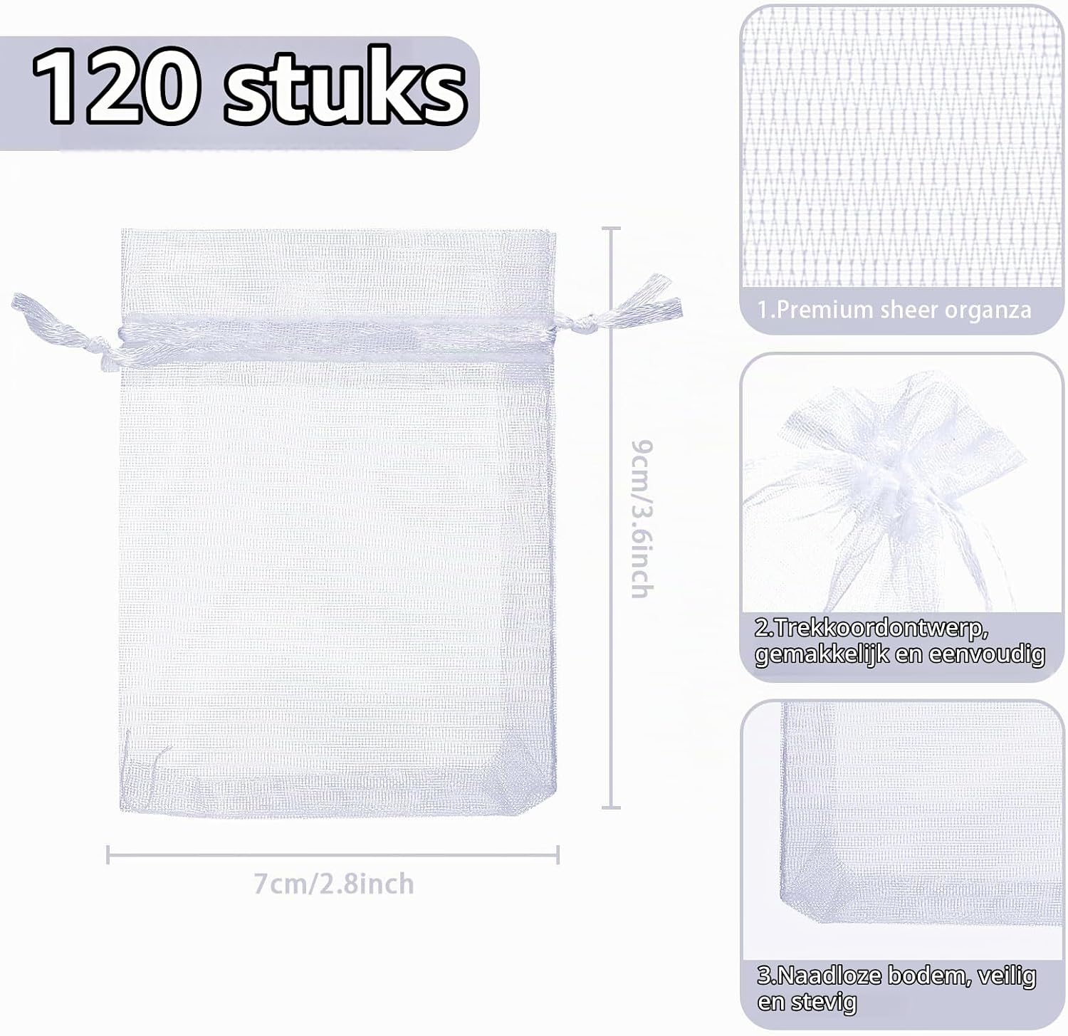 Detalle 2 de Naler NL-EU-005 organza zakjes, wit, 10 x 15 cm, 120 stuks
