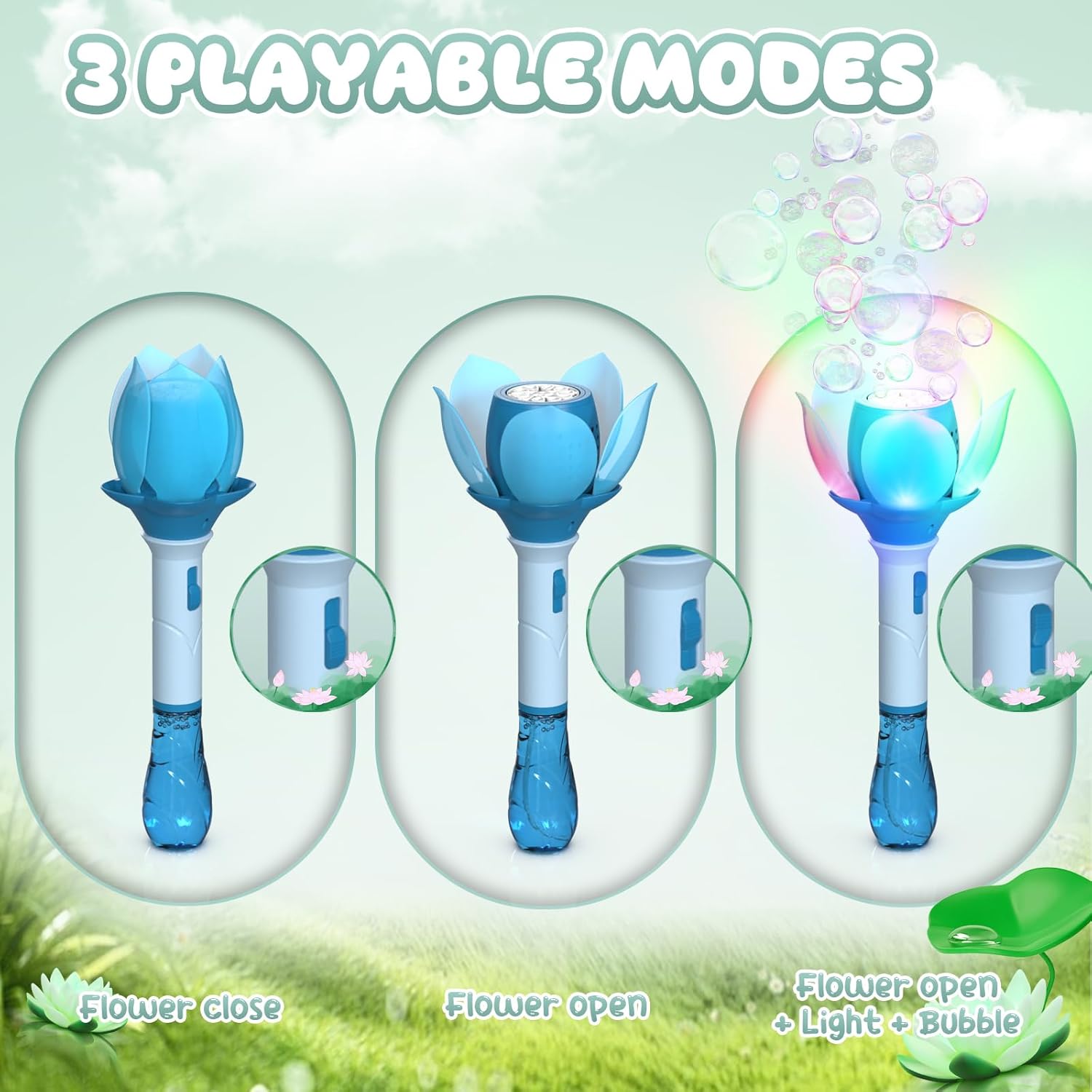 Thumbnail 2 de PANACARE Blumen Seifenblasenstab (elektronische Seifenblasenmaschine) für Kinder – Akku, Licht, 10 Löcher, blau