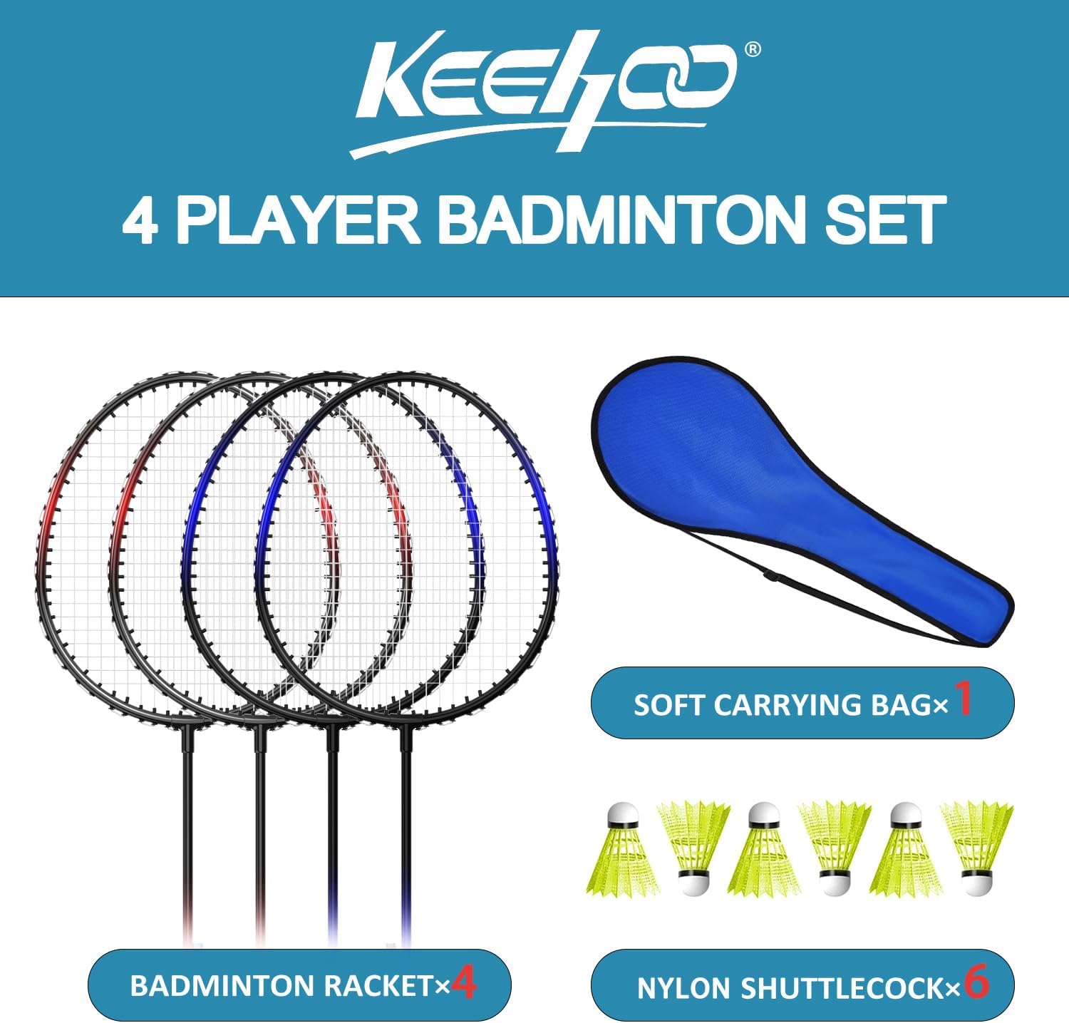 Thumbnail 1 de KH 2–4 Player Badminton Rackets Set (4 Rackets, Shuttlecocks & Carry Bag) for Adults, Kids & Family Garden Play