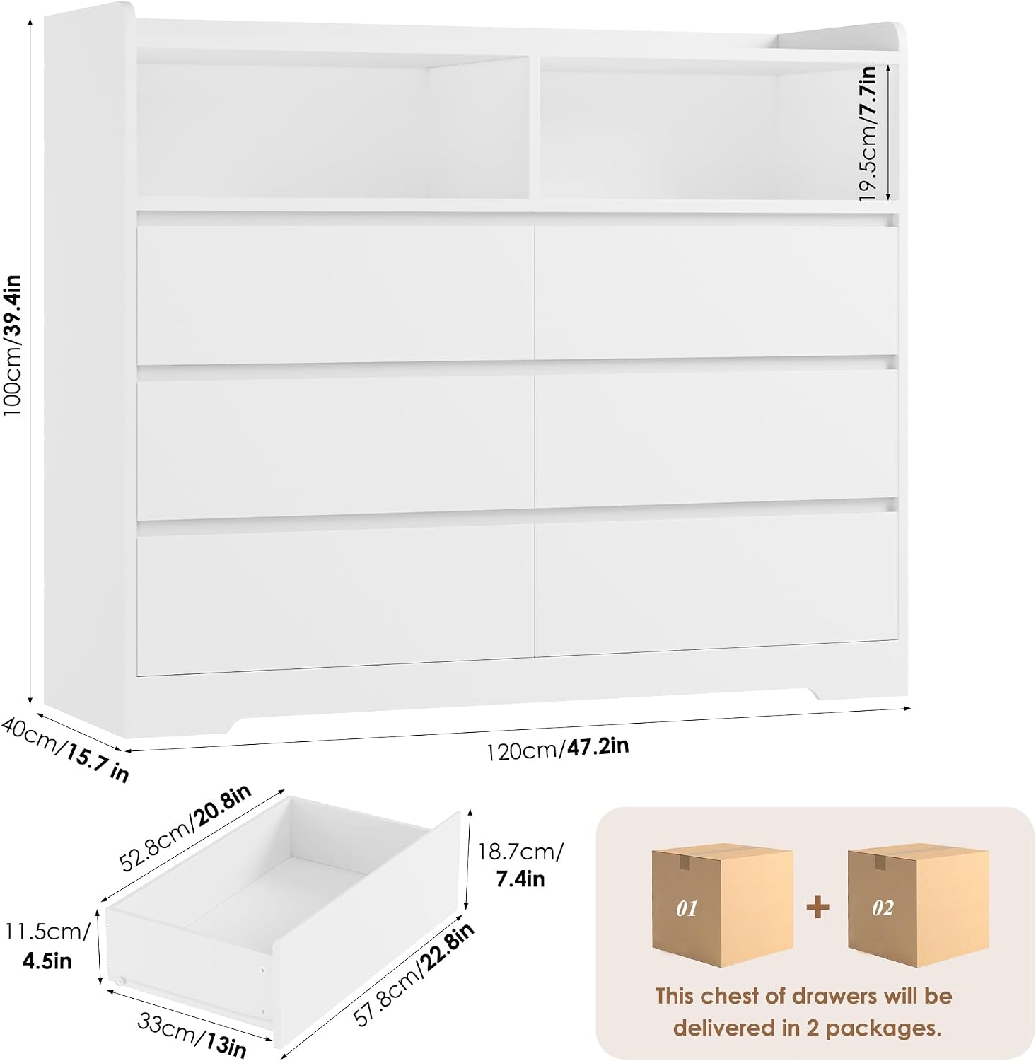 Detalle de FOREHILL P695697 Chest of Drawers, 6 Drawers, 2 Open Compartments, White