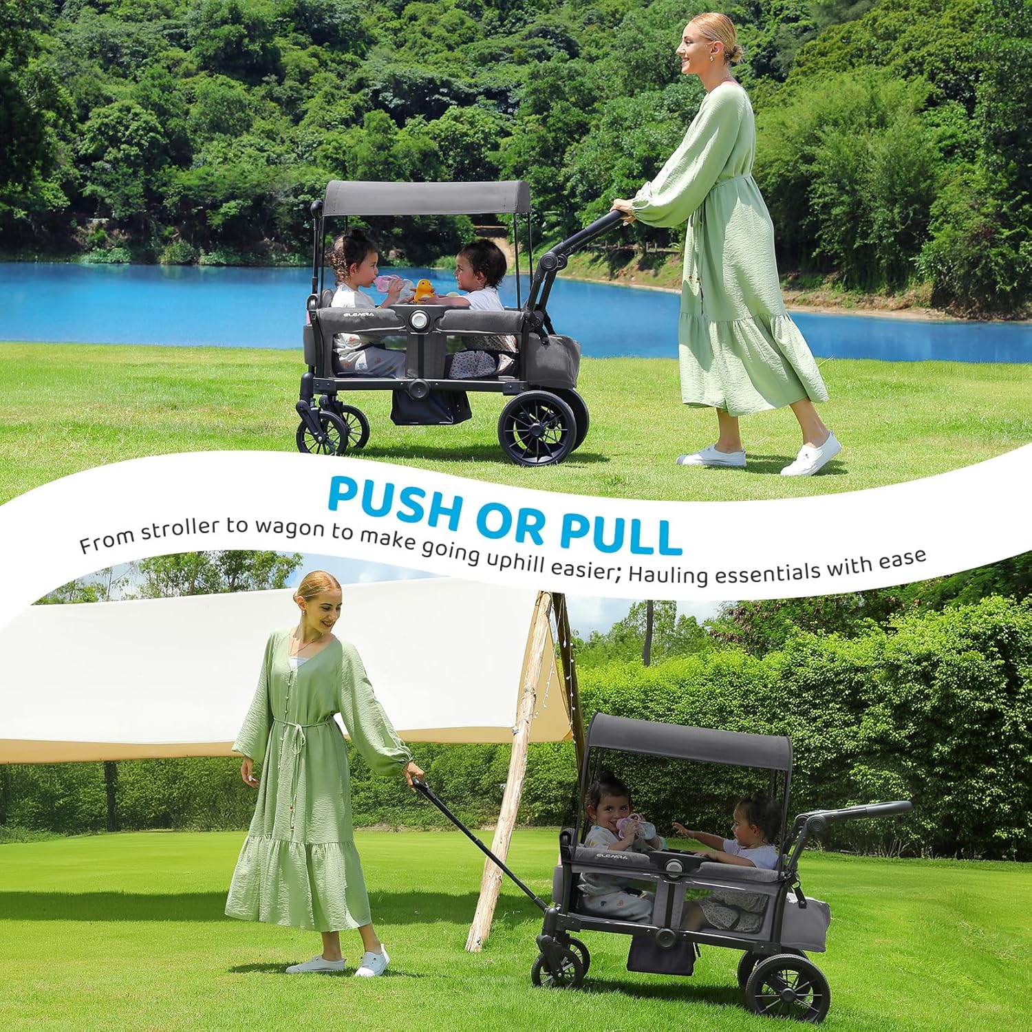 Thumbnail 2 de ELEMARA Foldable Wagon Stroller (for 2 Kids) with Removable Canopy, Adjustable Push/Pull Handle, Harnesses