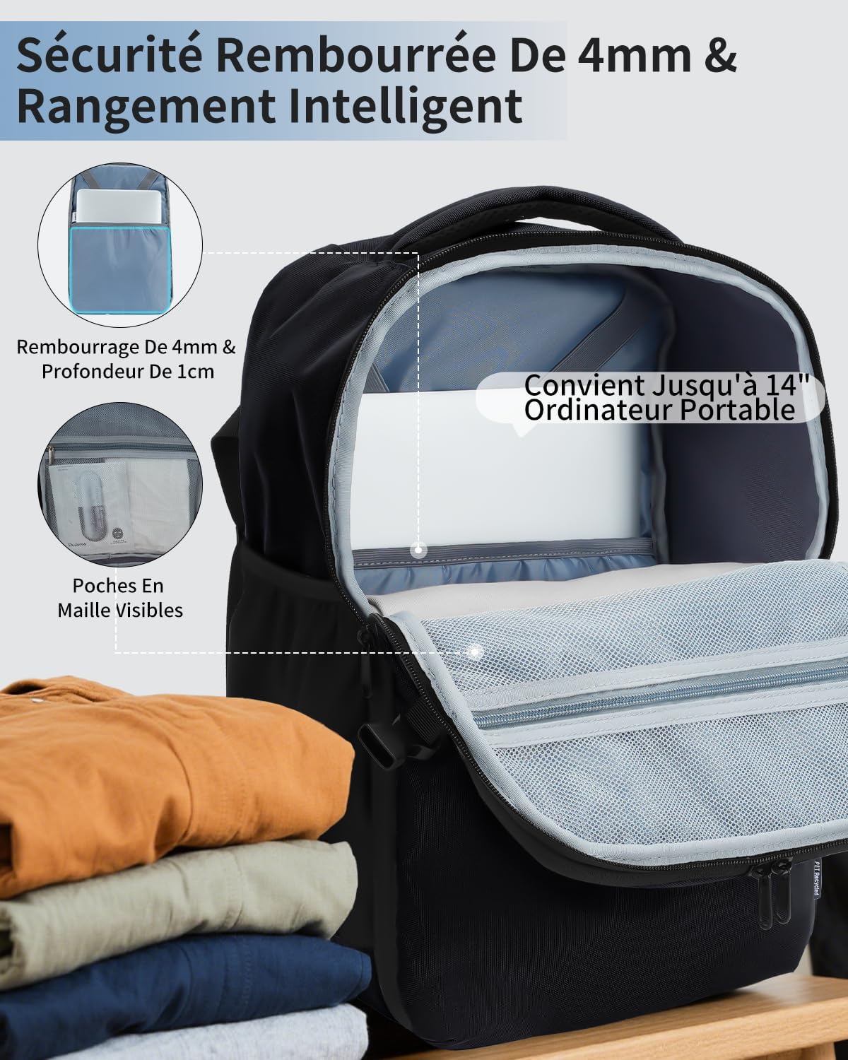 Detalle 2 de ECOHUB Zaino Ryanair 20L – Zaino da viaggio 40x20x25 cm per laptop 14", riciclato e impermeabile