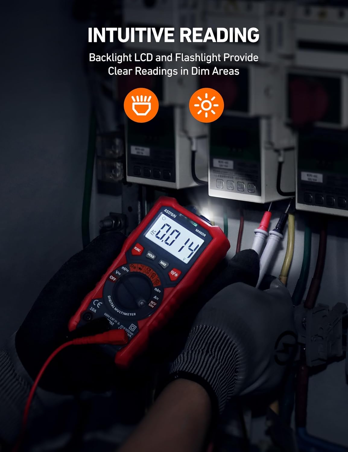 Detalle de AstroAI Digital Multimeter: TRMS Auto-Range mit NCV, LCD-Hintergrundlicht und Taschenlampenfunktion