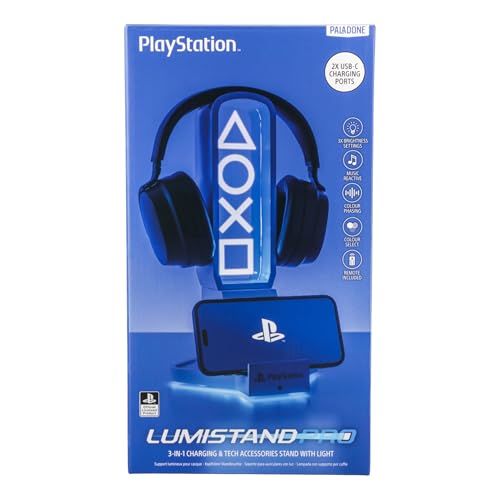 Detalle de Paladone PlayStation 3-in-1-Kopfhörerständer und Tech-Ladestation mit Controller-Halterung, RGB-Lichtpanel und 2 USB-C-Anschlüssen – offiziell lizenziert