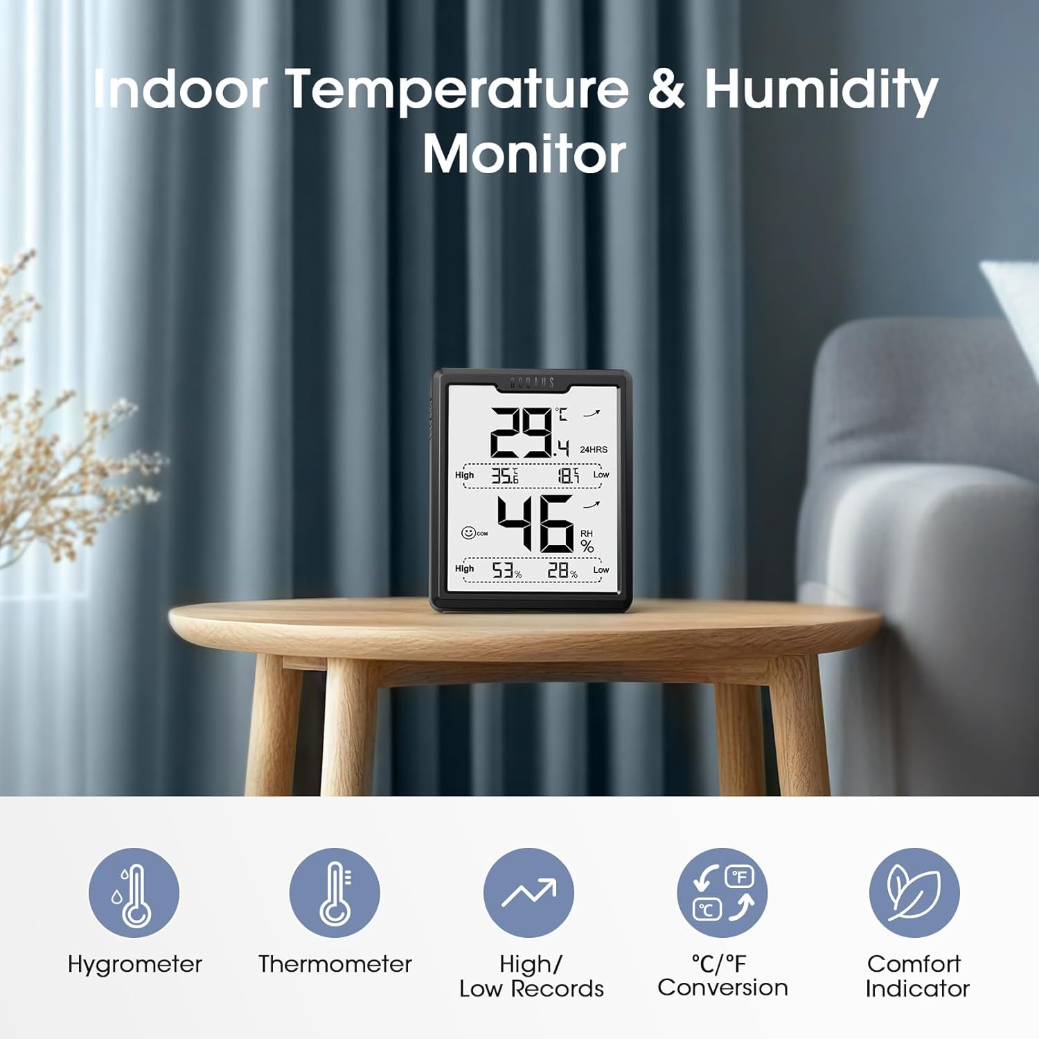 Thumbnail 1 de DOQAUS Room Thermometer Hygrometer 3.4-inch