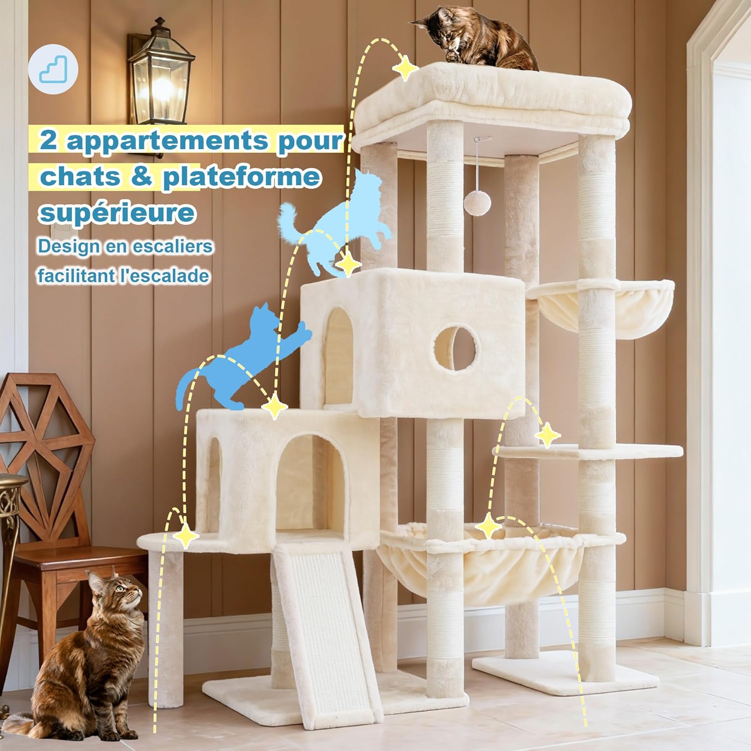 Thumbnail 2 de Hey-brother Arbre à Chat – Tour de Jeu avec grande plateforme et 2 niches (MPJ071M) – Beige