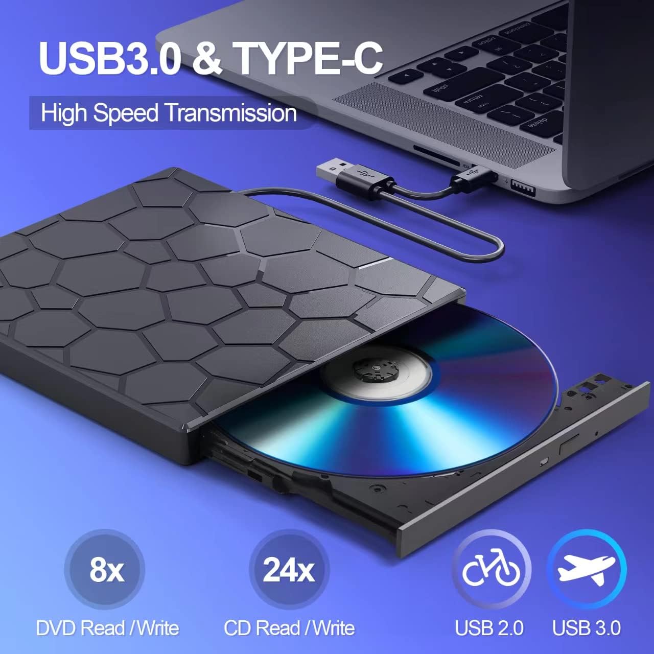 Detalle de BPAKDU 8-in-1 External CD/DVD Drive for Laptop with USB-C & USB 3.0