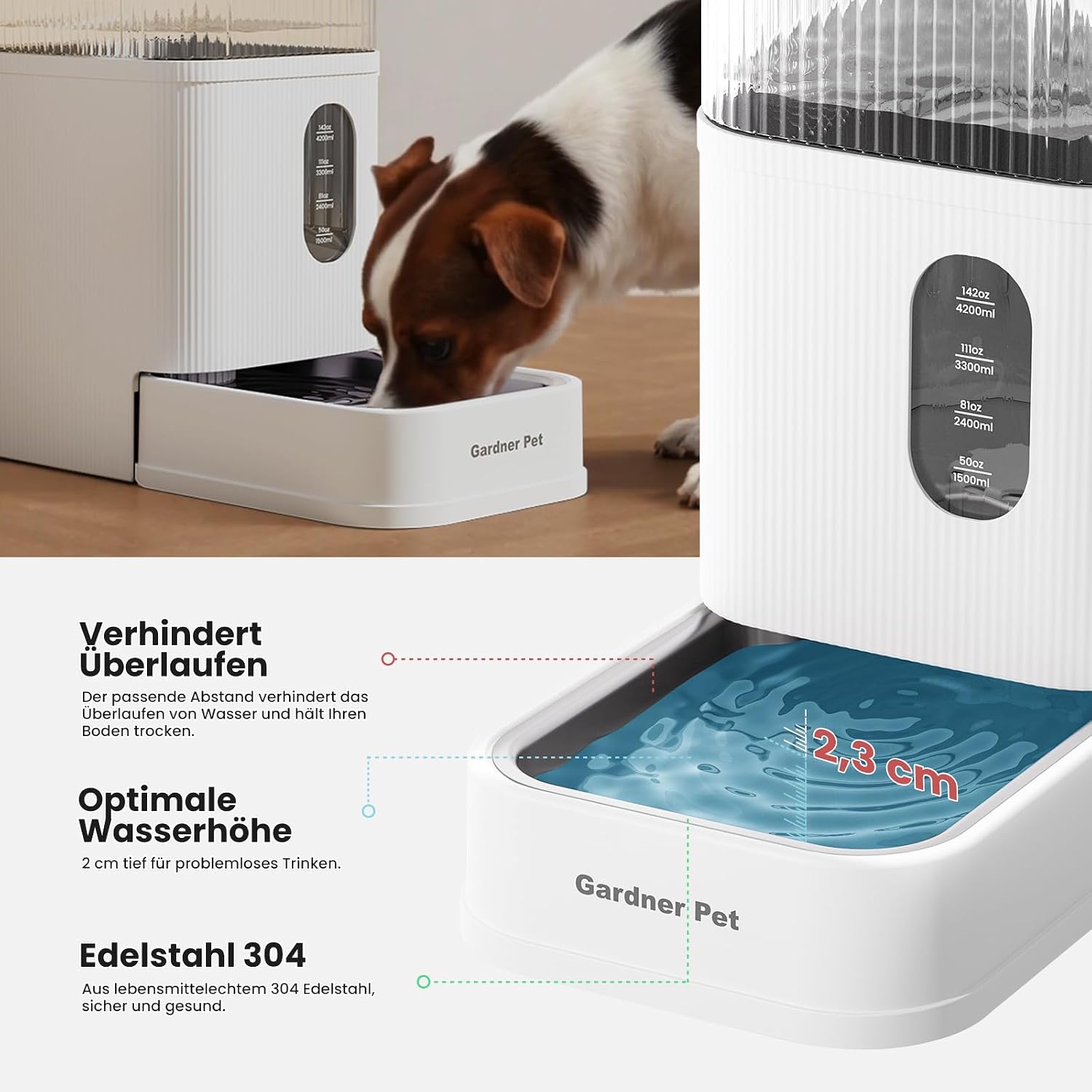 Detalle 2 de Gardner Pet 8,5L automatischer Wasserspender mit Schwerkraftsystem (Edelstahlschüssel, BPA-frei, ohne Strom)