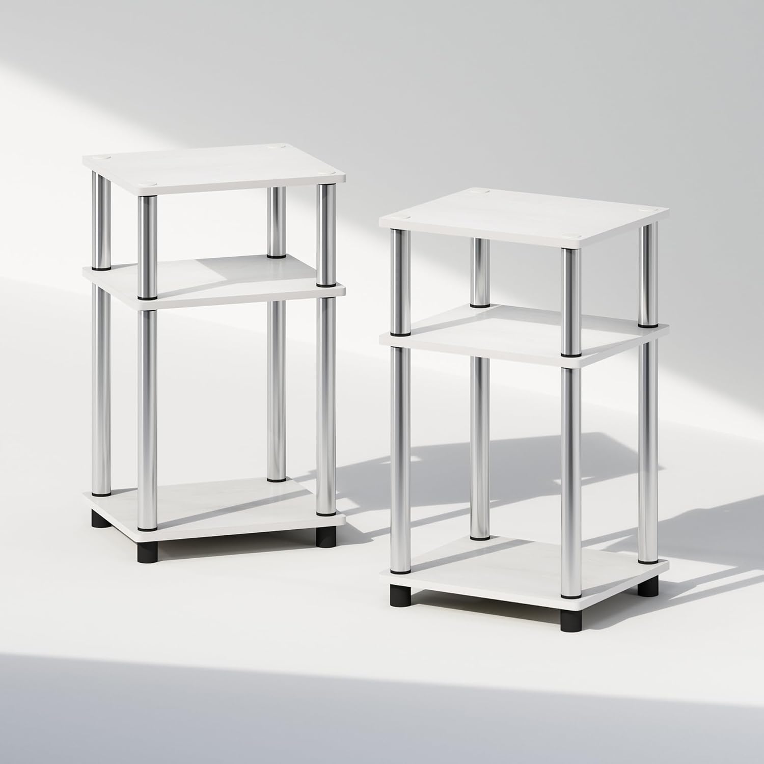 Thumbnail 6 de Furinno JUST Set di 2 Comodini Turn-N-Tube a 3 livelli, Rovere bianco/Acciaio inossidabile