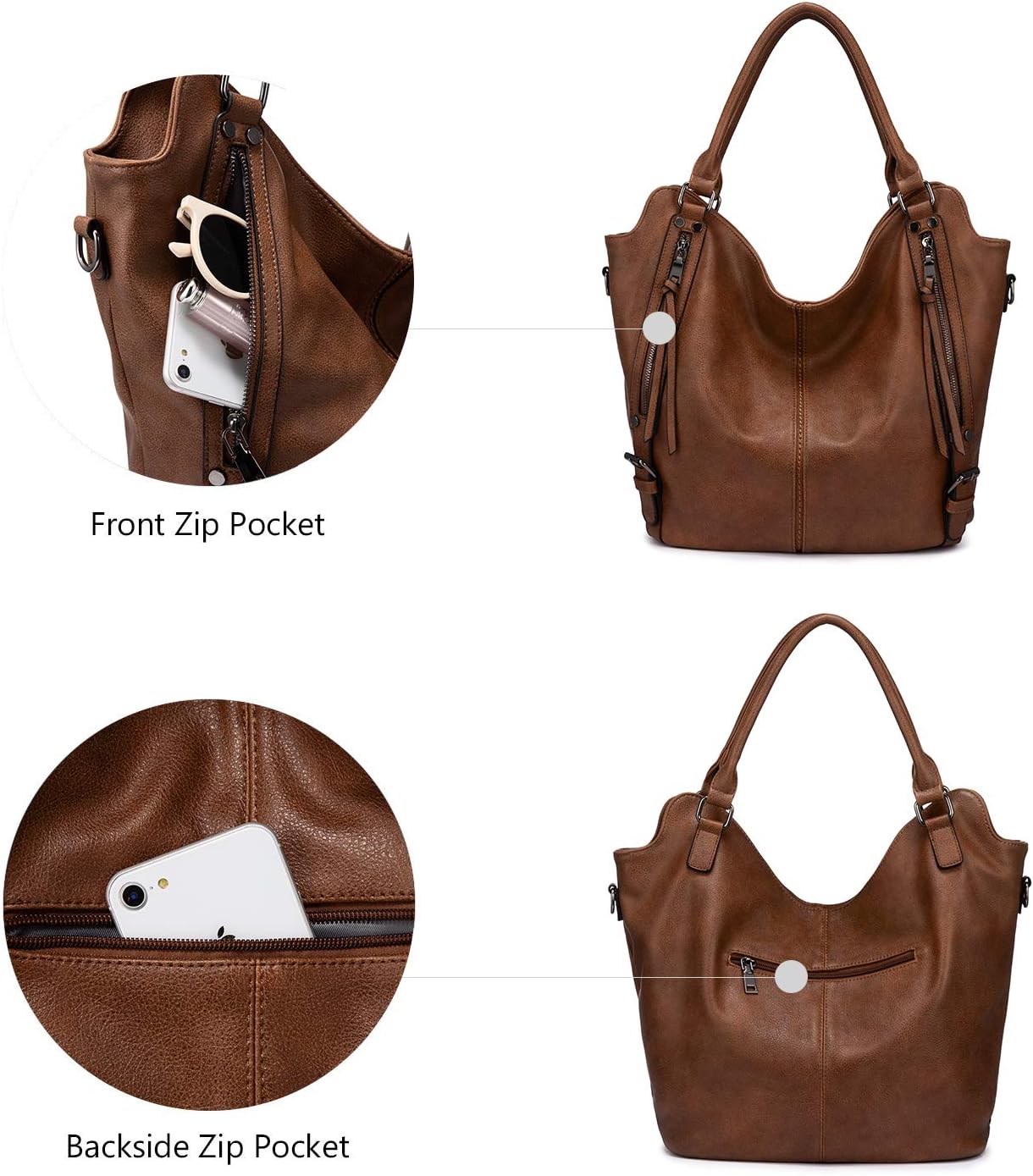 Detalle de Realer Sac à main femme en cuir PU avec bandoulière amovible + pochette assortie, marron