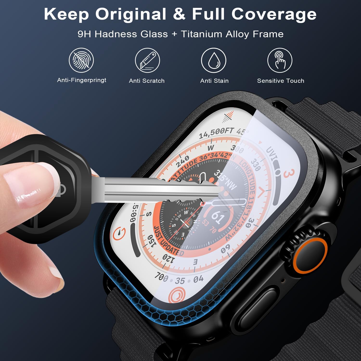 Detalle 2 de WSKEN Tempered Glass Screen Protector for Apple Watch Ultra 3/Ultra 2 (49mm) with Titanium Alloy Frame