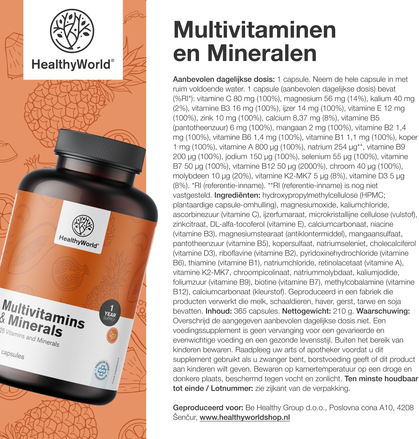 Thumbnail 6 de HealthyWorld multivitaminen en mineralen, 365 plantaardige capsules met 25 nutriënten
