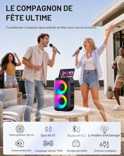 Detalle de HEEBUKE Karaoke Adulte (Nouveauté 2026) – Haut‑Parleur 2x10 W Bluetooth Portable avec 2 Microphones sans Fil